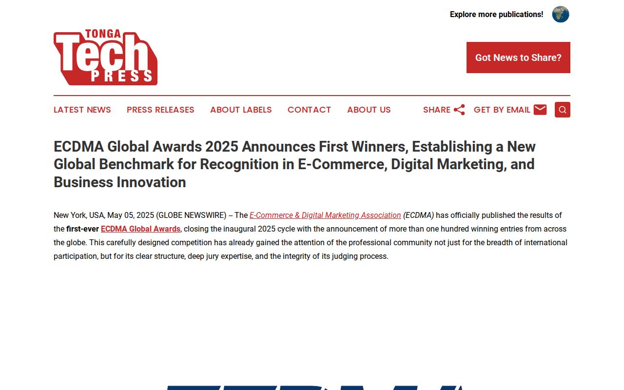 ECDMA Global Awards 2025 Announces First Winners, Establishing a New Global Benchmark for Recognition in E-Commerce, Digital Marketing, and Business Innovation | Tonga Tech Press