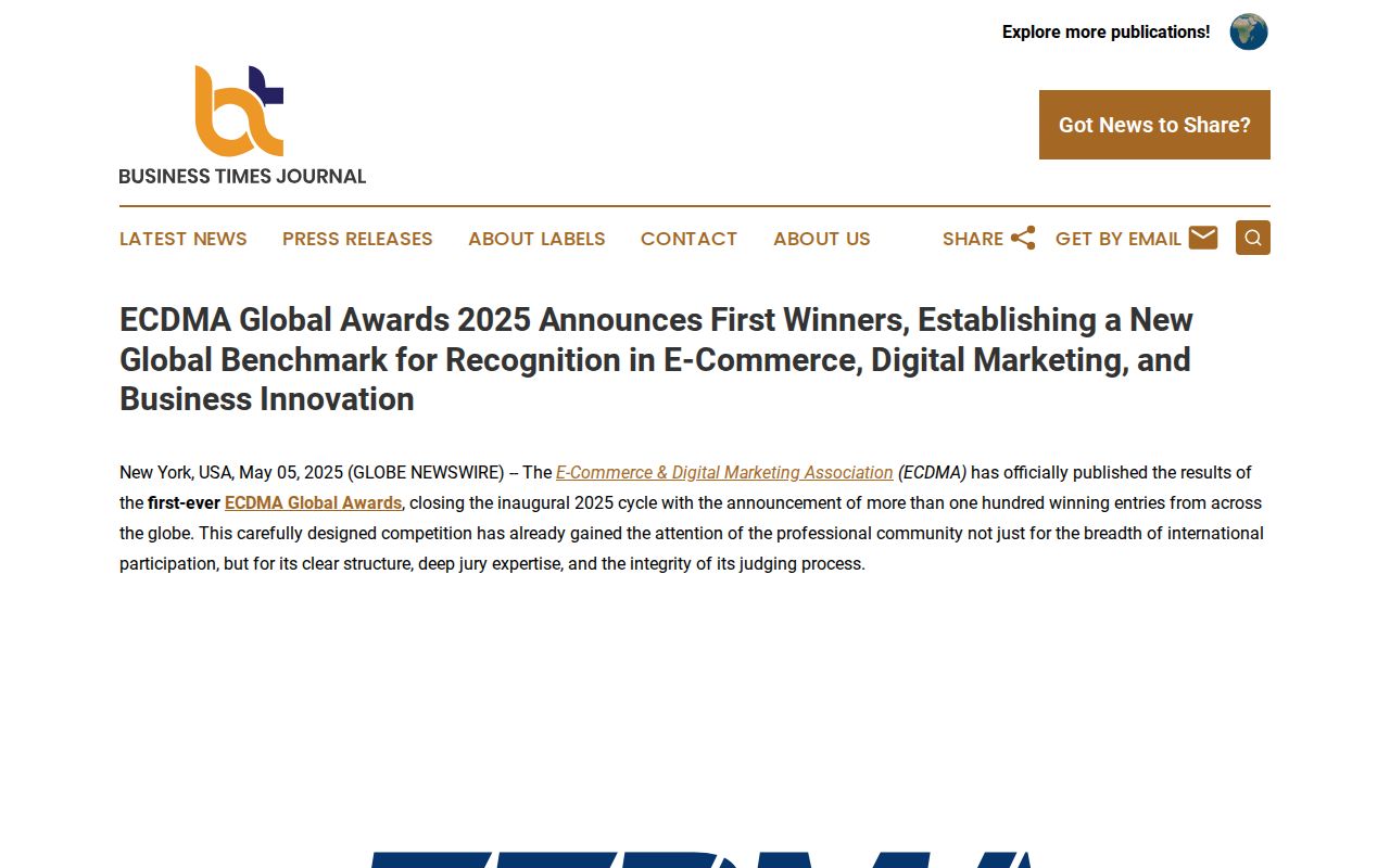 ECDMA Global Awards 2025 Announces First Winners, Establishing a New Global Benchmark for Recognition in E-Commerce, Digital Marketing, and Business Innovation | Business Times Journal