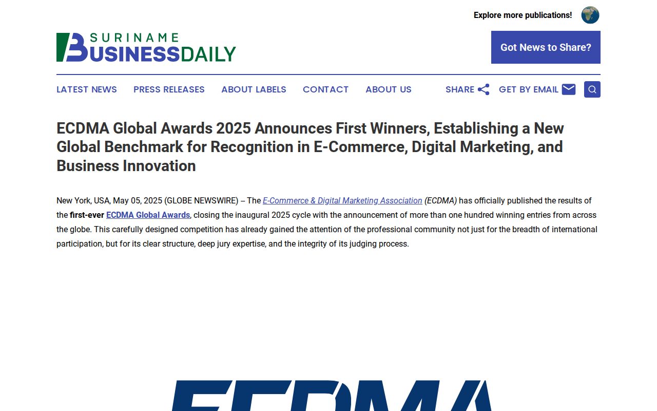 ECDMA Global Awards 2025 Announces First Winners, Establishing a New Global Benchmark for Recognition in E-Commerce, Digital Marketing, and Business Innovation | Suriname Business Daily