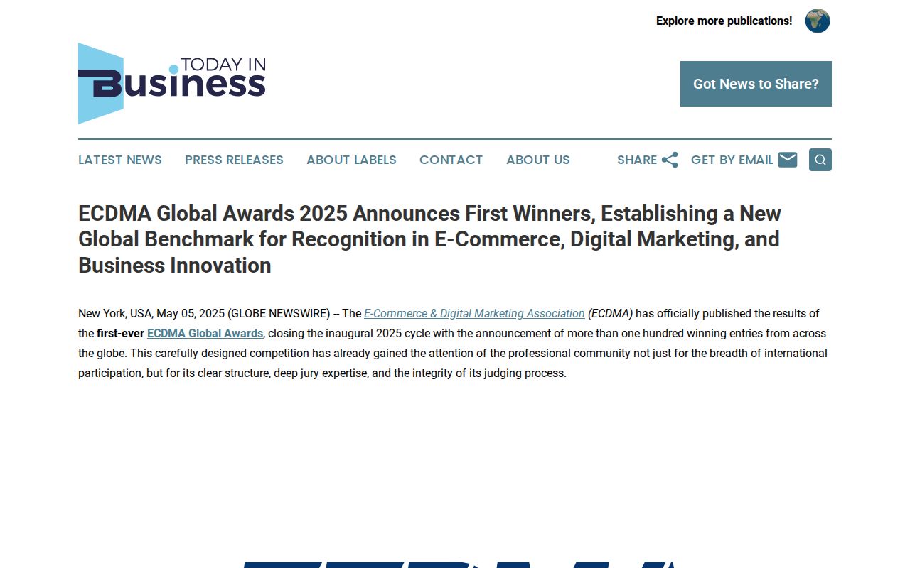 ECDMA Global Awards 2025 Announces First Winners, Establishing a New Global Benchmark for Recognition in E-Commerce, Digital Marketing, and Business Innovation | Today in Business