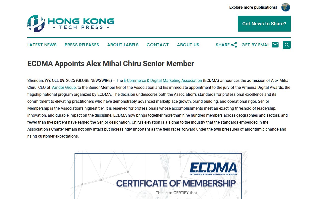 ECDMA Appoints Alex Mihai Chiru Senior Member | Hong Kong Tech Press