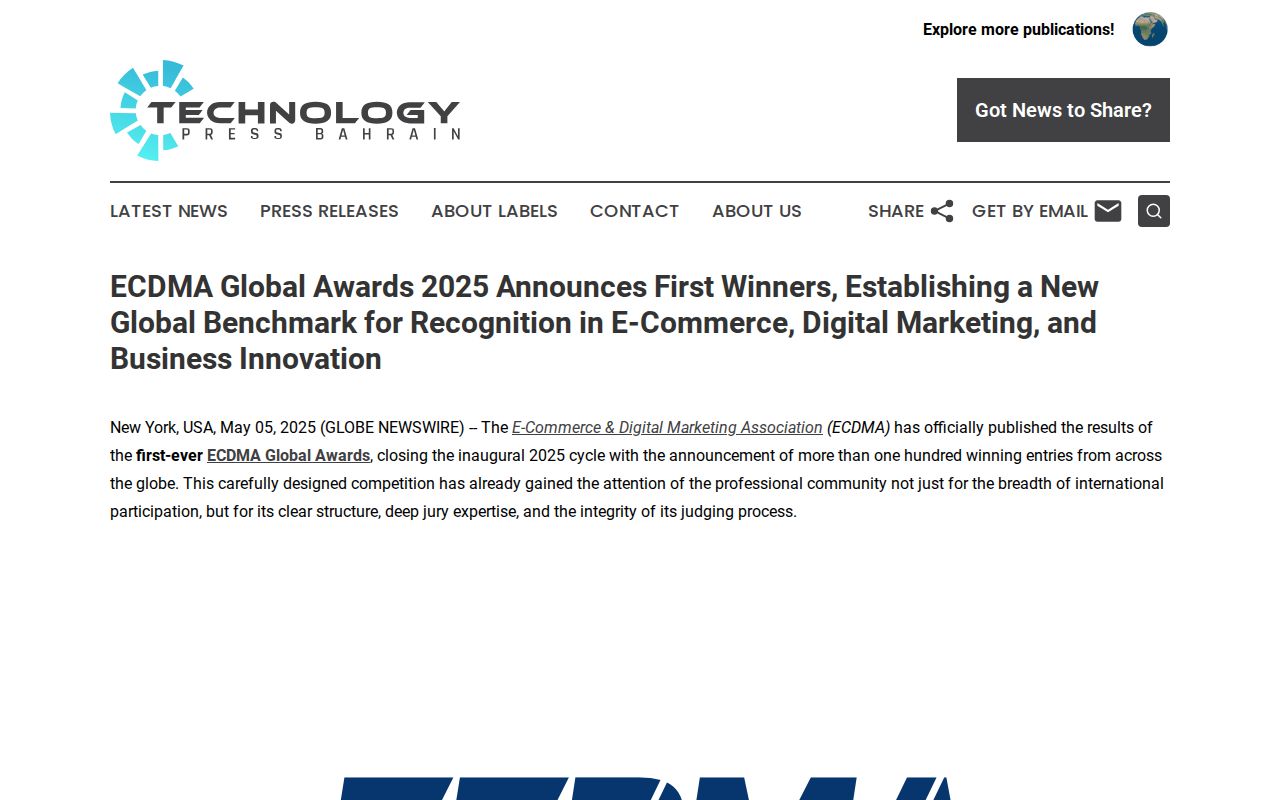 ECDMA Global Awards 2025 Announces First Winners, Establishing a New Global Benchmark for Recognition in E-Commerce, Digital Marketing, and Business Innovation | Technology Press Bahrain