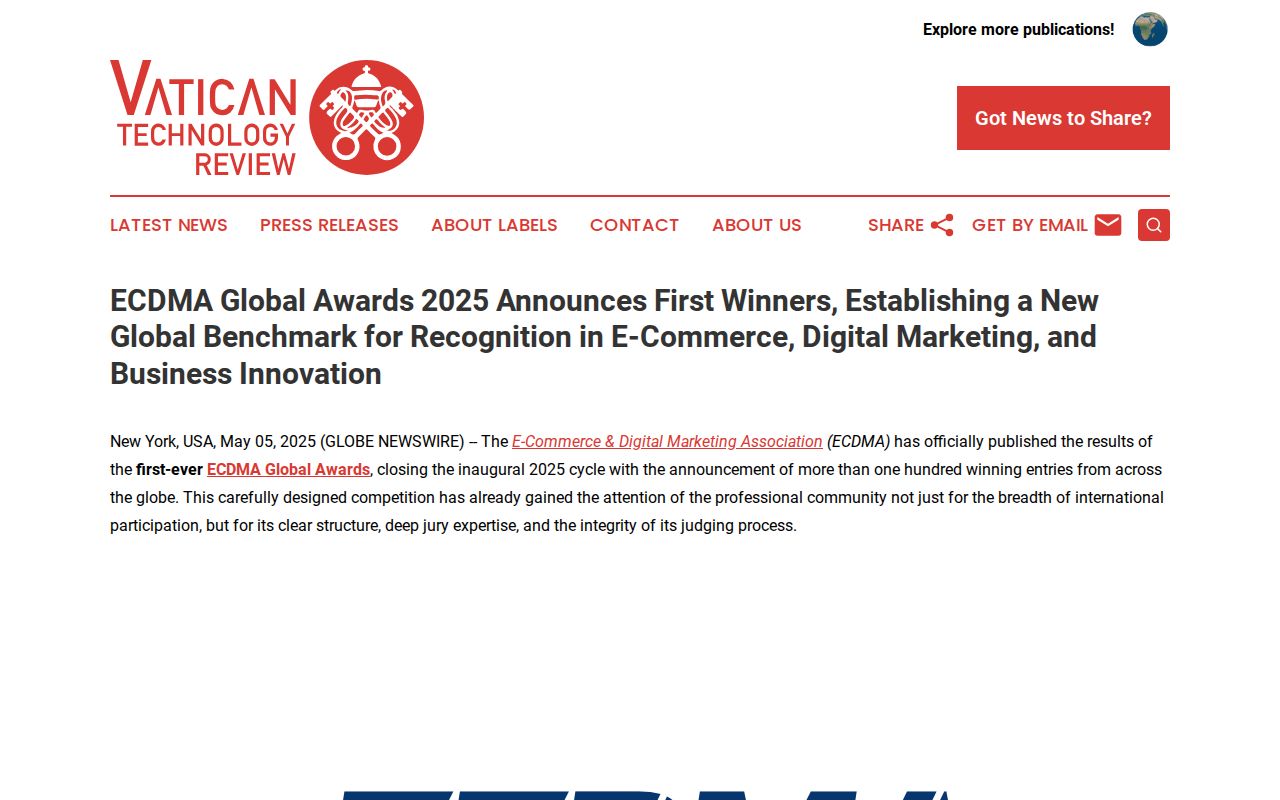 ECDMA Global Awards 2025 Announces First Winners, Establishing a New Global Benchmark for Recognition in E-Commerce, Digital Marketing, and Business Innovation | Vatican Technology Review