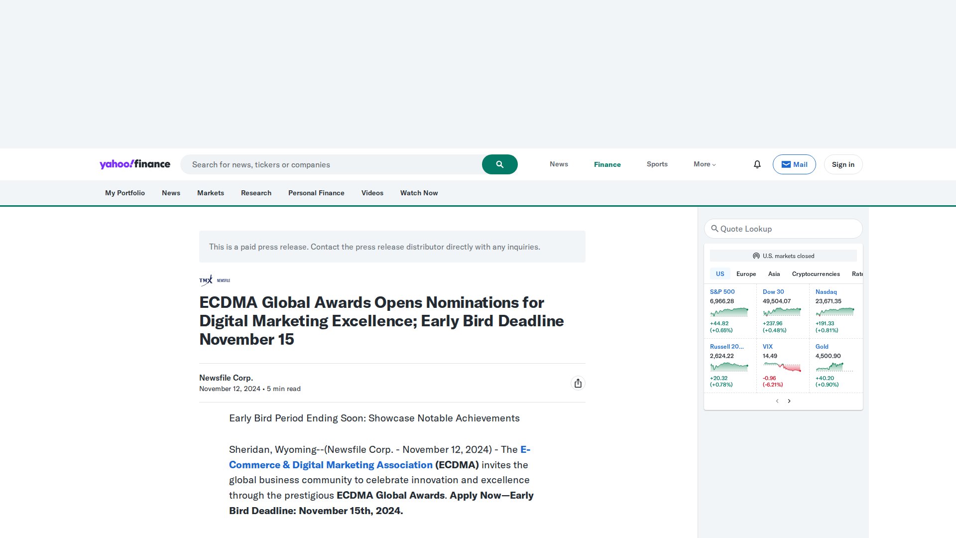 ECDMA Global Awards Opens Nominations for Digital Marketing Excellence; Early Bird Deadline November 15