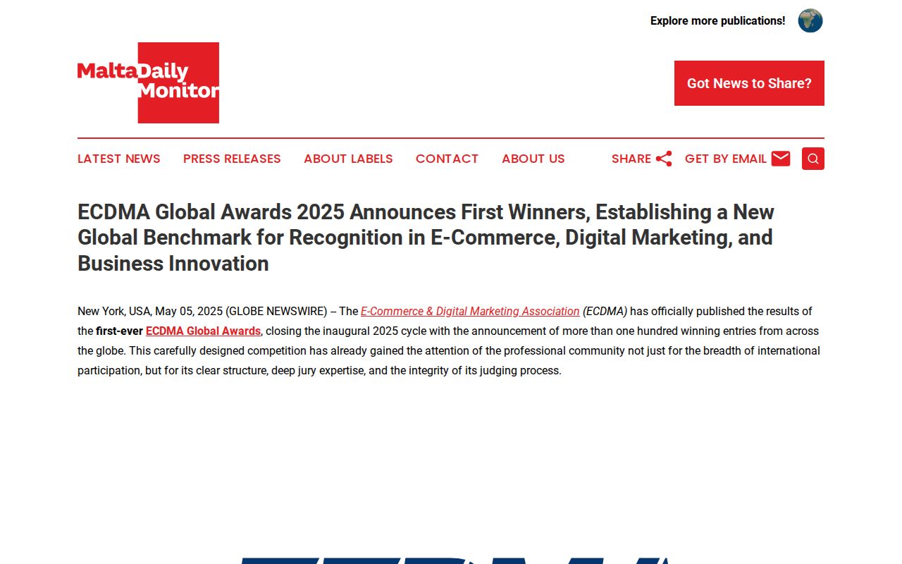 ECDMA Global Awards 2025 Announces First Winners, Establishing a New Global Benchmark for Recognition in E-Commerce, Digital Marketing, and Business Innovation | Malta Daily Monitor