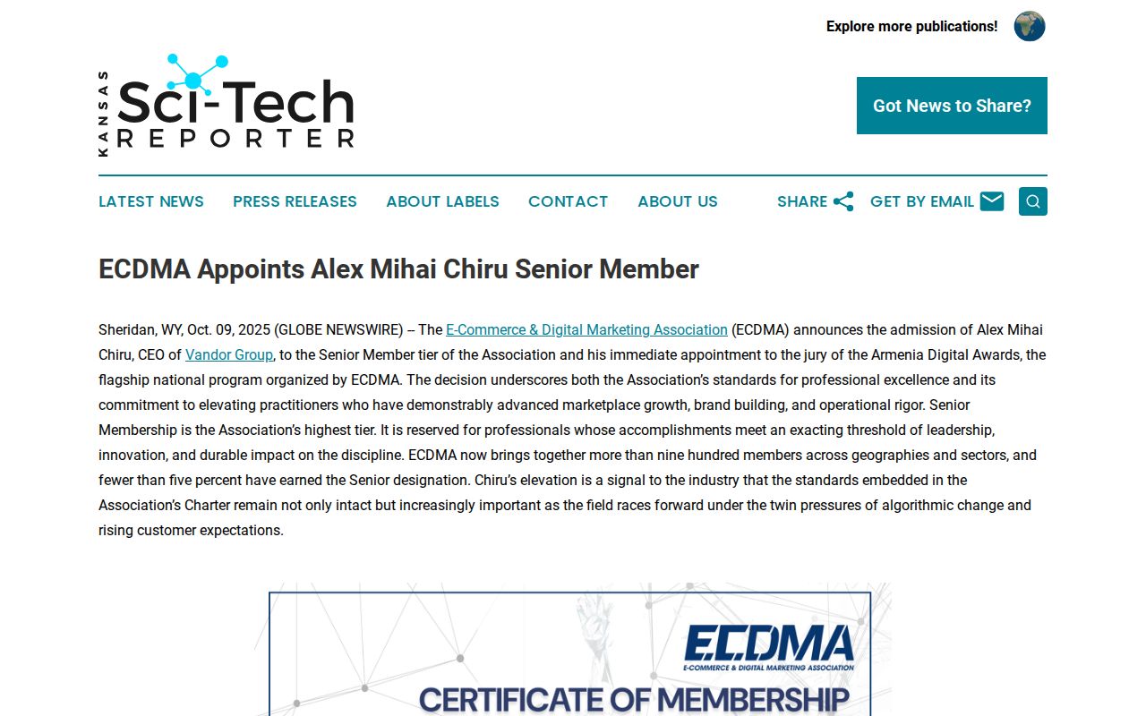 ECDMA Appoints Alex Mihai Chiru Senior Member | Kansas Sci-Tech Reporter