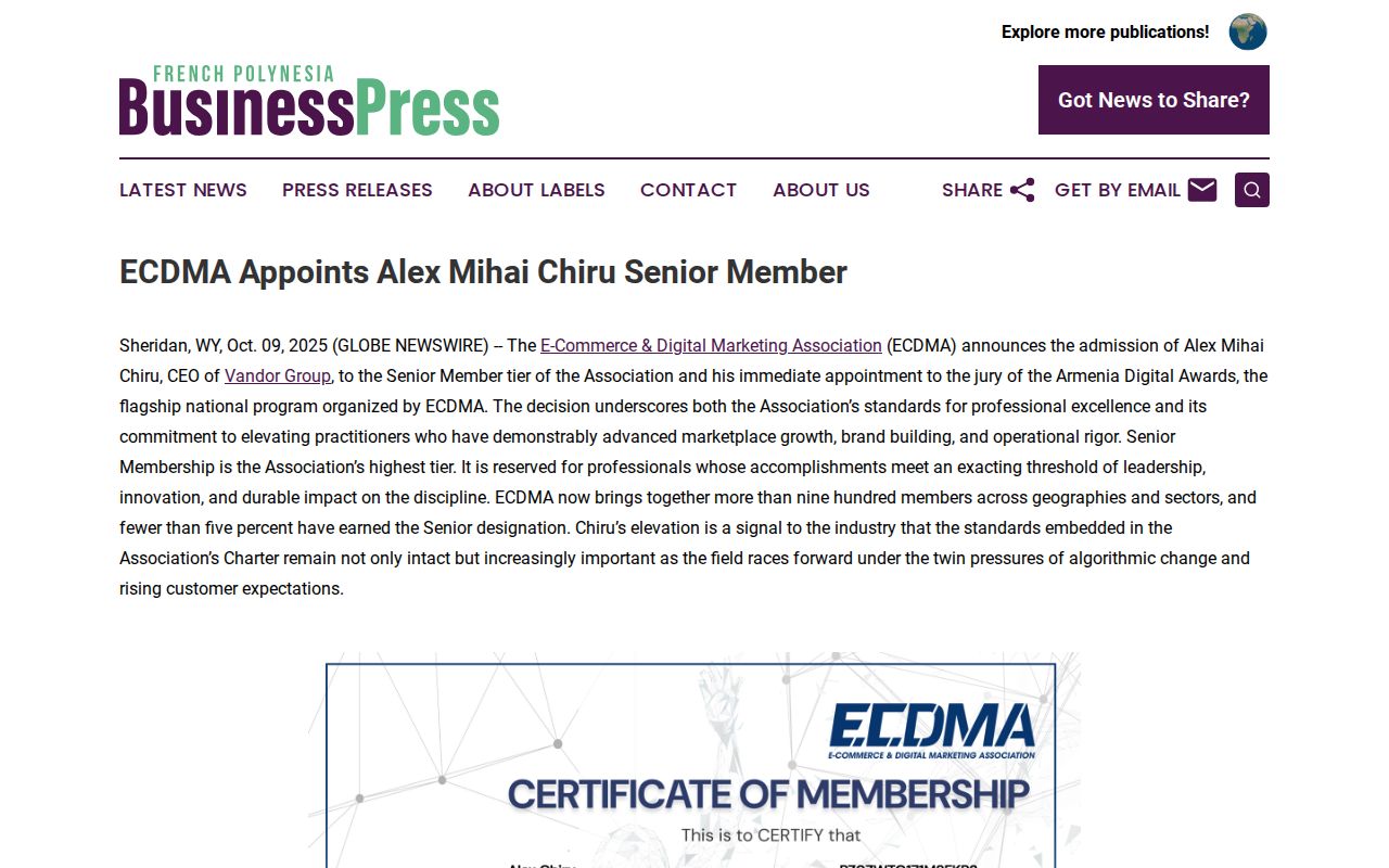 ECDMA Appoints Alex Mihai Chiru Senior Member | French Polynesia Business Press
