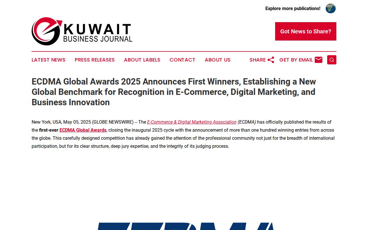 ECDMA Global Awards 2025 Announces First Winners, Establishing a New Global Benchmark for Recognition in E-Commerce, Digital Marketing, and Business Innovation | Kuwait Business Journal