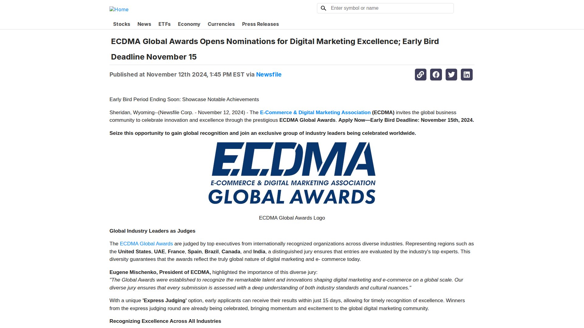 ECDMA Global Awards Opens Nominations for Digital Marketing Excellence; Early Bird Deadline November 15