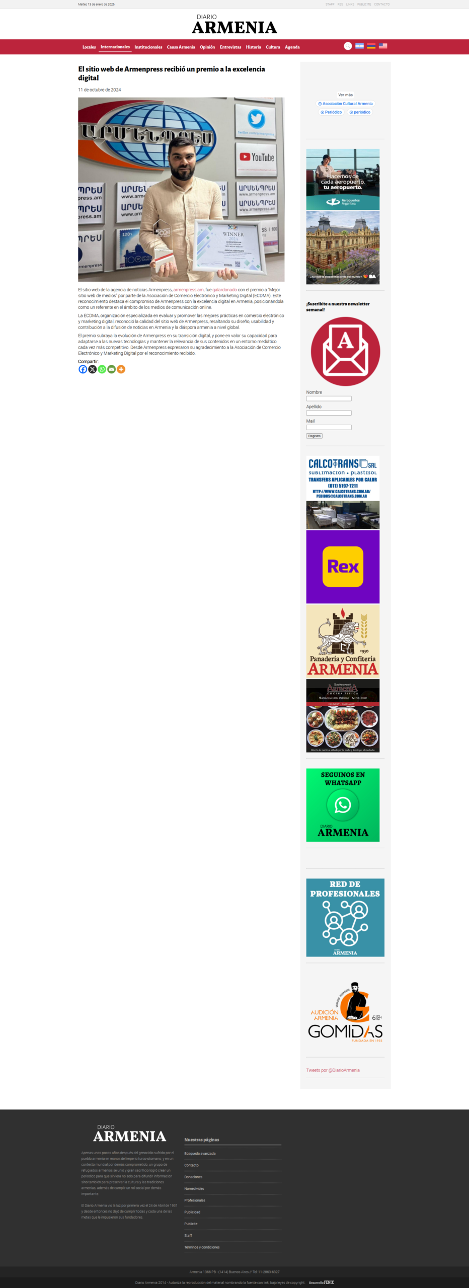 El sitio web de Armenpress recibió un premio a la excelencia digital