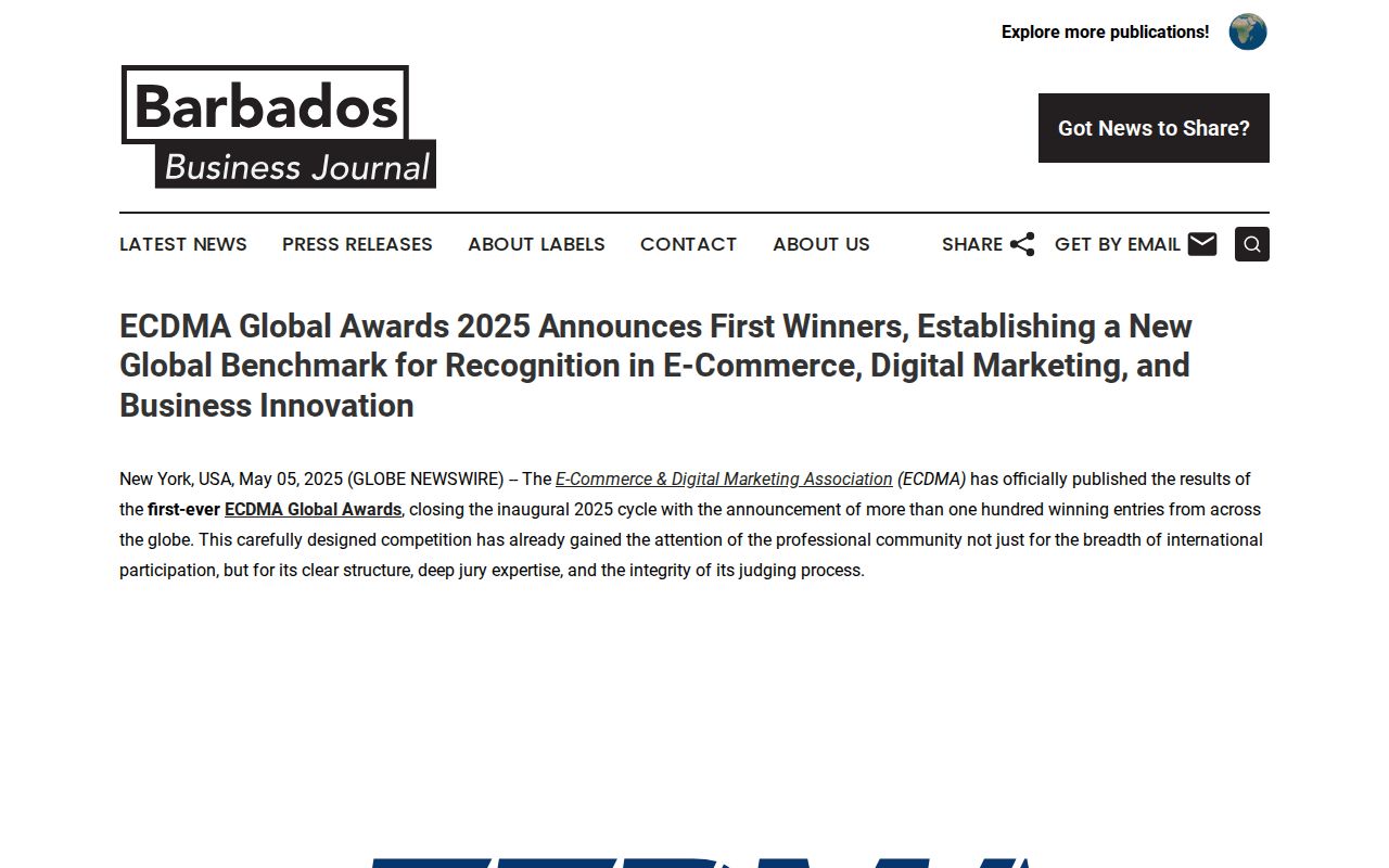 ECDMA Global Awards 2025 Announces First Winners, Establishing a New Global Benchmark for Recognition in E-Commerce, Digital Marketing, and Business Innovation | Barbados Business Journal