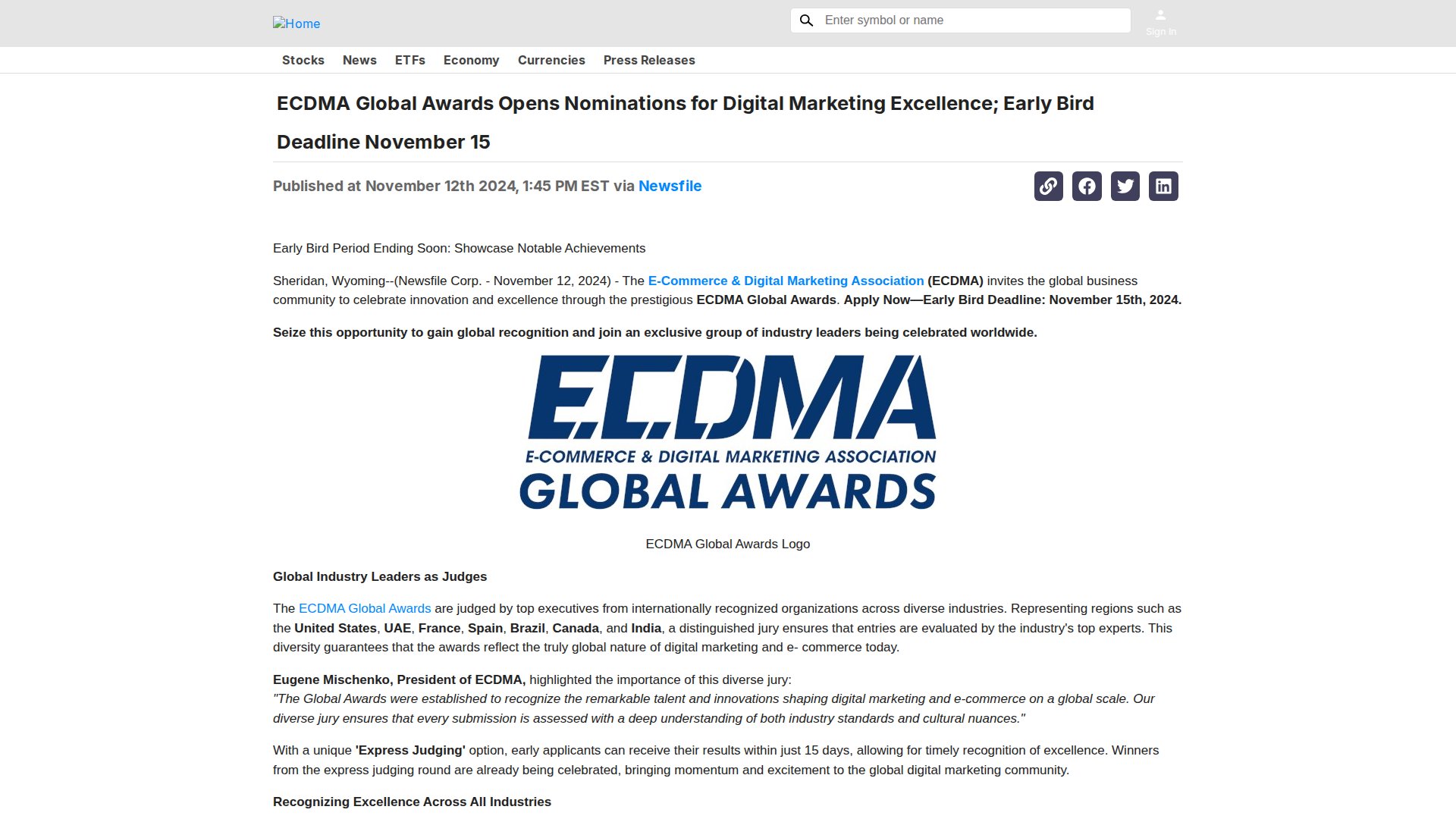ECDMA Global Awards Opens Nominations for Digital Marketing Excellence; Early Bird Deadline November 15