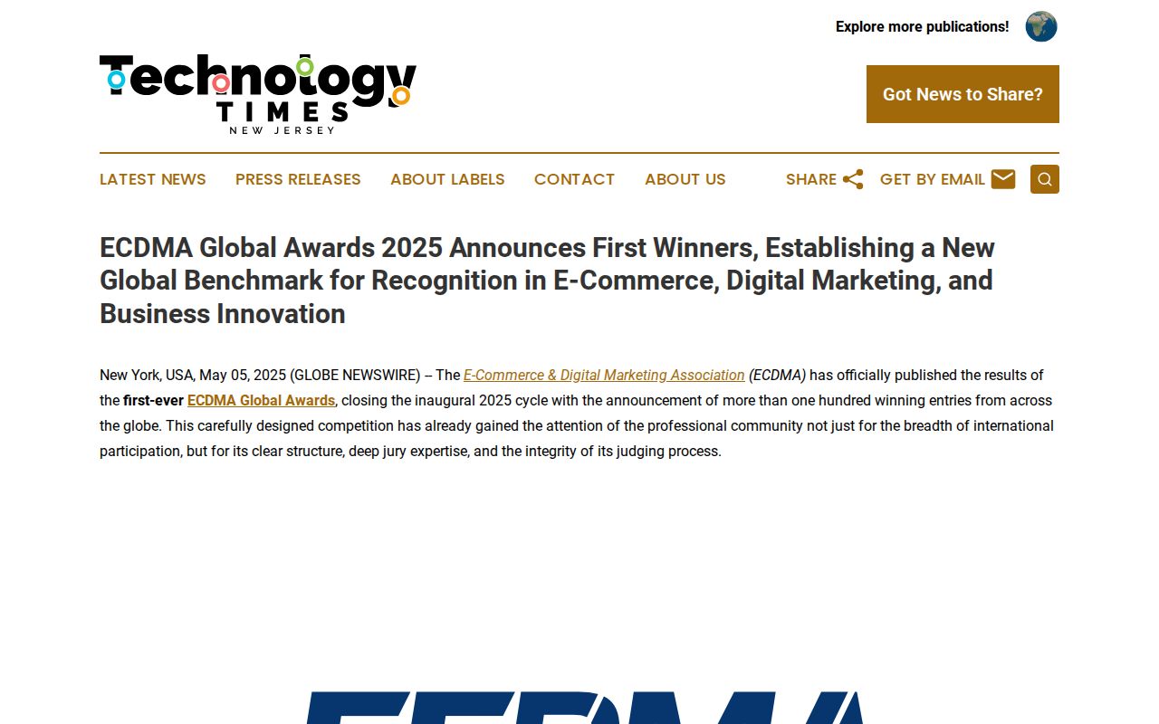 ECDMA Global Awards 2025 Announces First Winners, Establishing a New Global Benchmark for Recognition in E-Commerce, Digital Marketing, and Business Innovation | Technology Times New Jersey