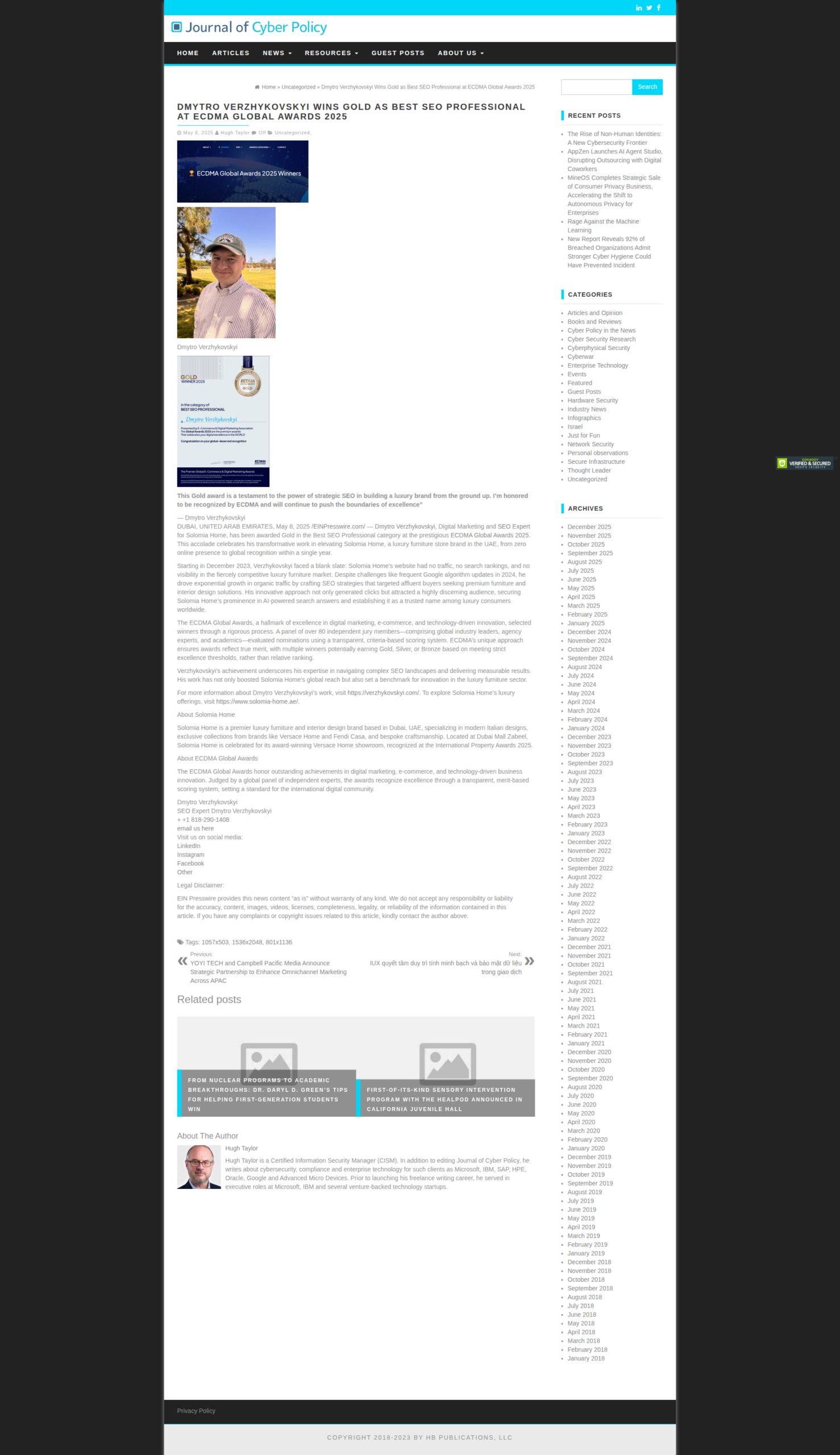 Dmytro Verzhykovskyi Wins Gold as Best SEO Professional at ECDMA Global Awards 2025