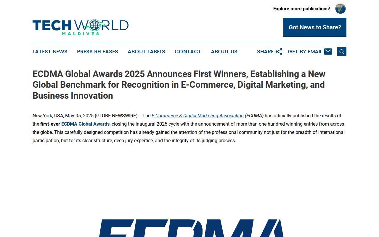 ECDMA Global Awards 2025 Announces First Winners, Establishing a New Global Benchmark for Recognition in E-Commerce, Digital Marketing, and Business Innovation | Tech World Maldives