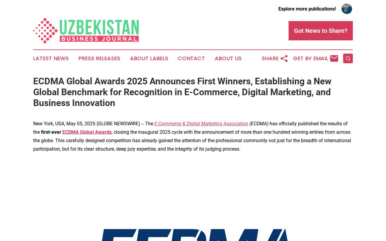 ECDMA Global Awards 2025 Announces First Winners, Establishing a New Global Benchmark for Recognition in E-Commerce, Digital Marketing, and Business Innovation | Uzbekistan Business Journal