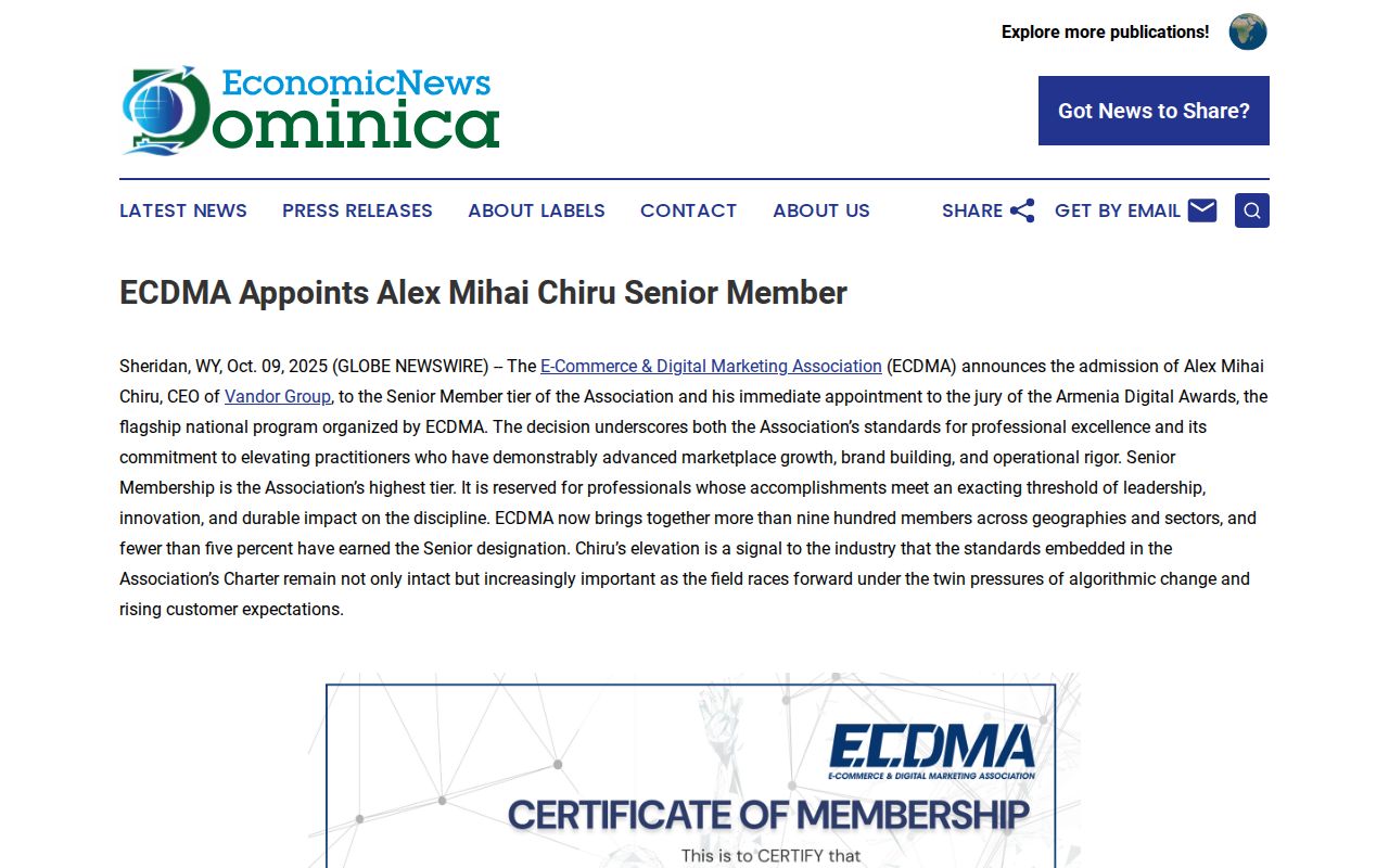 ECDMA Appoints Alex Mihai Chiru Senior Member | Economic News Dominica