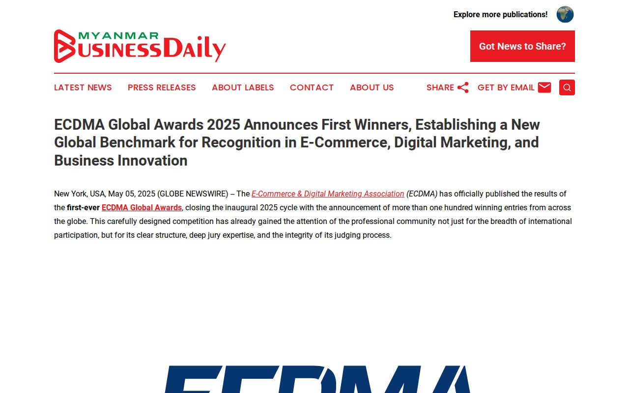 ECDMA Global Awards 2025 Announces First Winners, Establishing a New Global Benchmark for Recognition in E-Commerce, Digital Marketing, and Business Innovation | Myanmar Business Daily