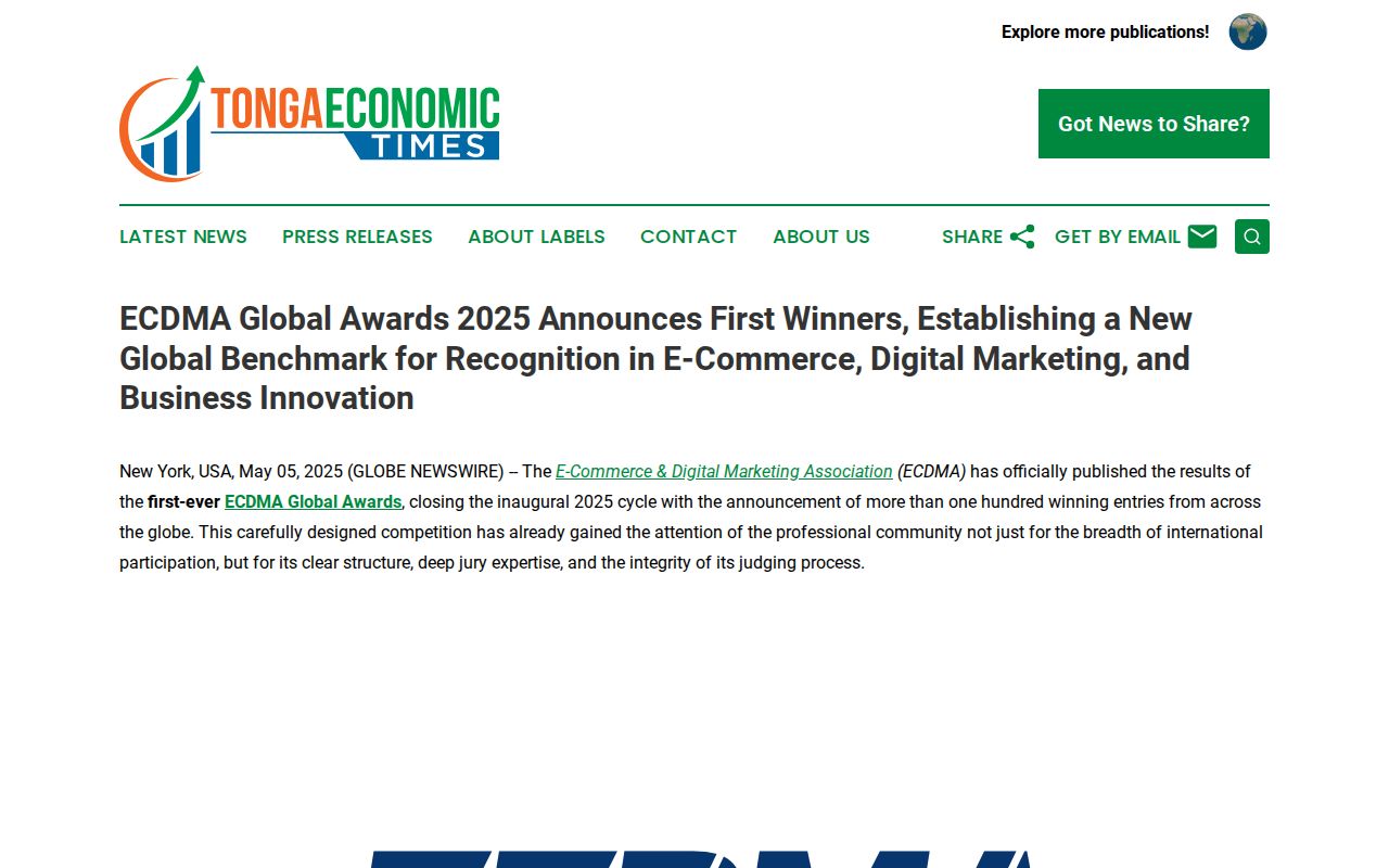 ECDMA Global Awards 2025 Announces First Winners, Establishing a New Global Benchmark for Recognition in E-Commerce, Digital Marketing, and Business Innovation | Tonga Economic Times