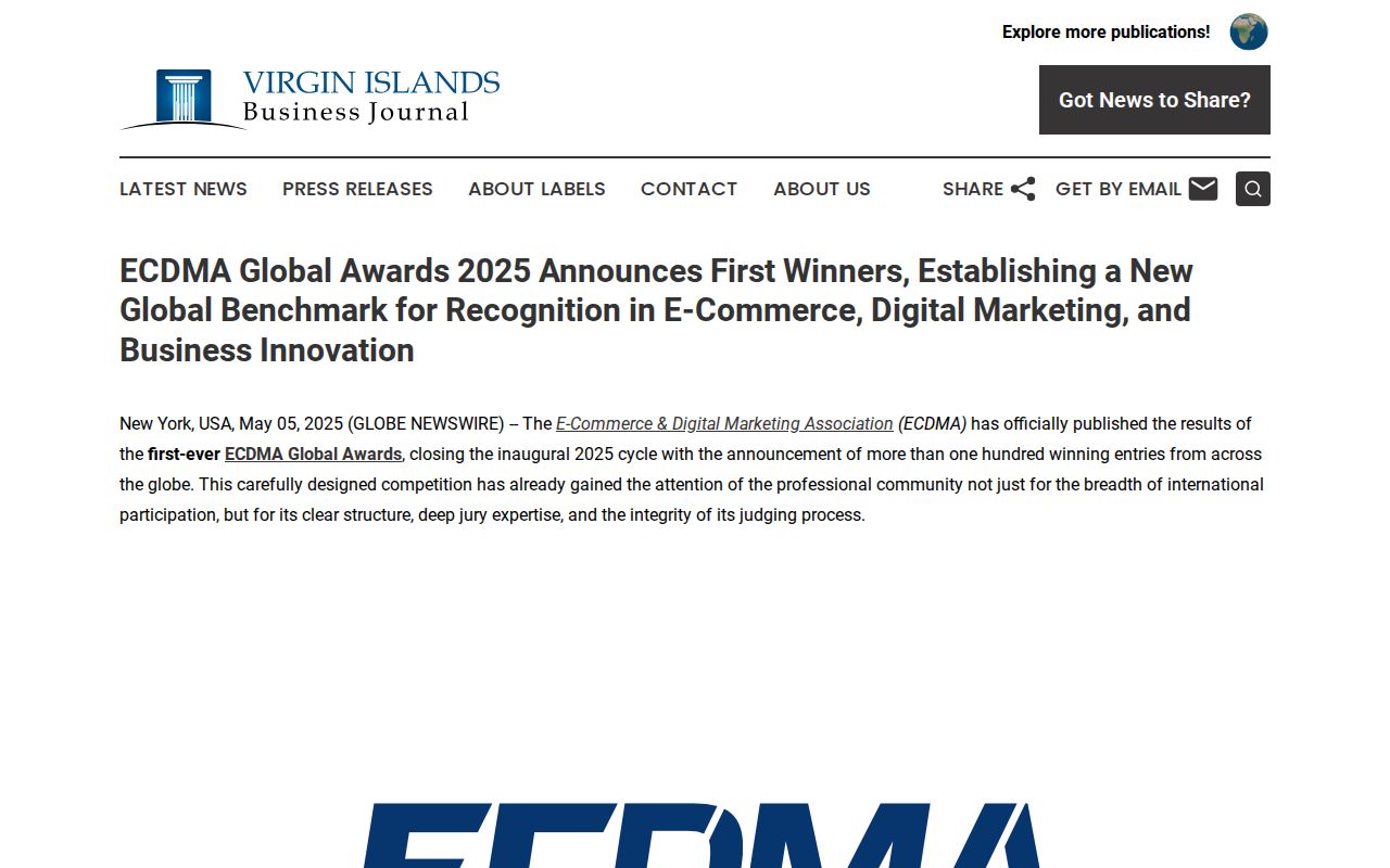 ECDMA Global Awards 2025 Announces First Winners, Establishing a New Global Benchmark for Recognition in E-Commerce, Digital Marketing, and Business Innovation | Virgin Islands Business Journal