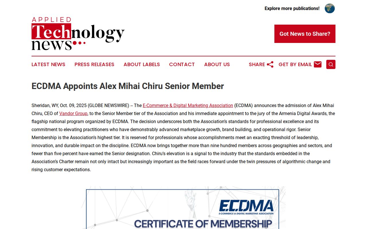 ECDMA Appoints Alex Mihai Chiru Senior Member | Applied Technology News