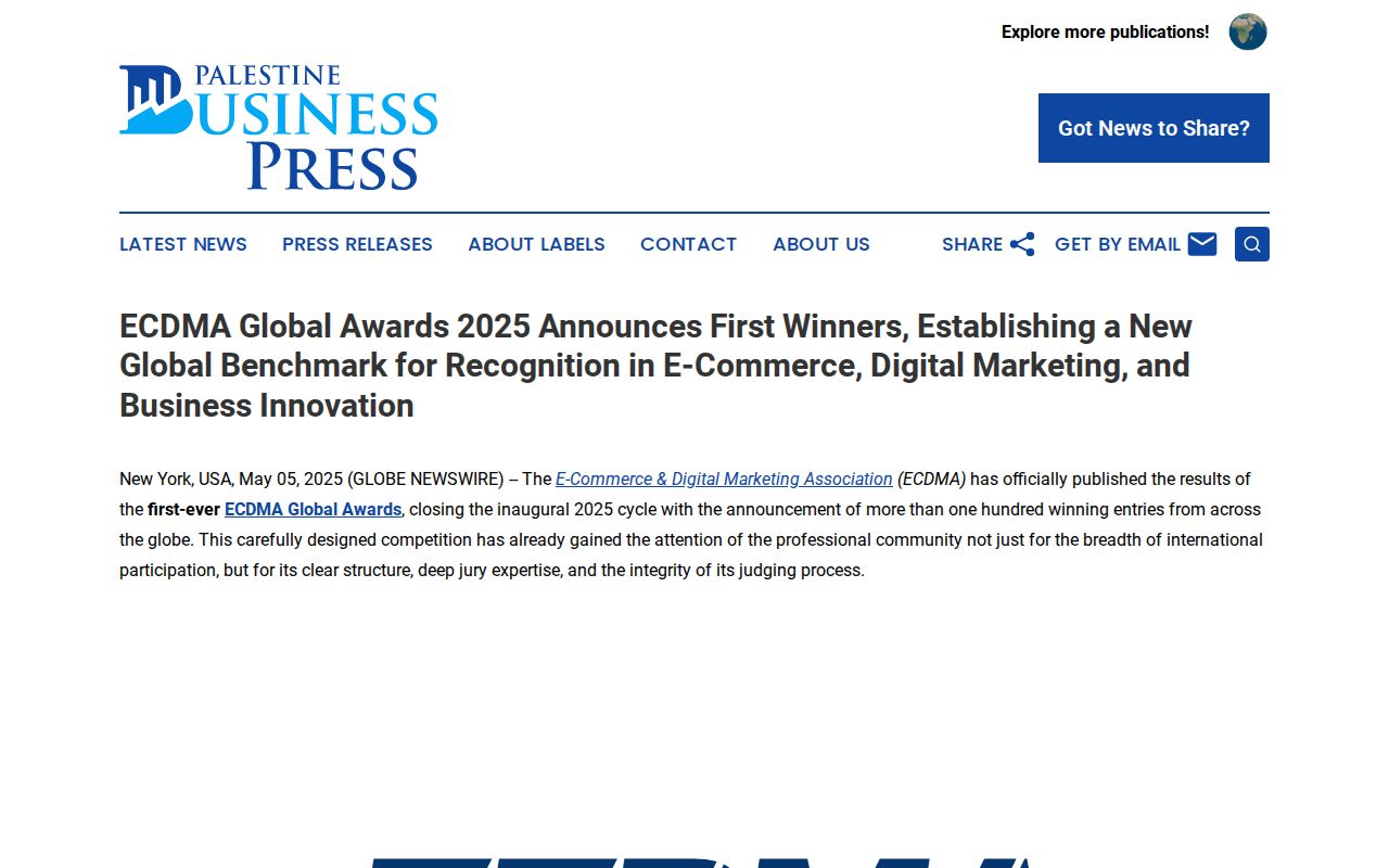 ECDMA Global Awards 2025 Announces First Winners, Establishing a New Global Benchmark for Recognition in E-Commerce, Digital Marketing, and Business Innovation | Palestine Business Press