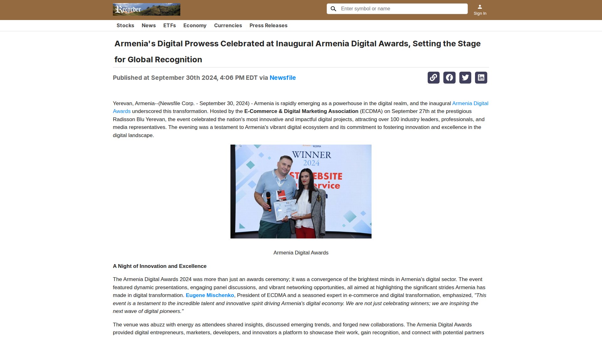 Armenia's Digital Prowess Celebrated at Inaugural Armenia Digital Awards, Setting the Stage for Global Recognition