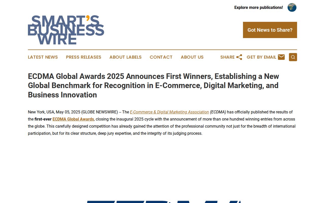 ECDMA Global Awards 2025 Announces First Winners, Establishing a New Global Benchmark for Recognition in E-Commerce, Digital Marketing, and Business Innovation | Smart's Business Wire