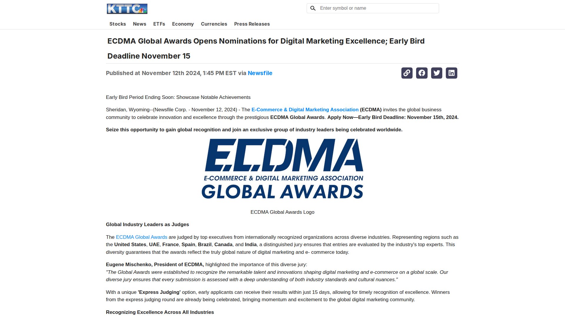 ECDMA Global Awards Opens Nominations for Digital Marketing Excellence; Early Bird Deadline November 15