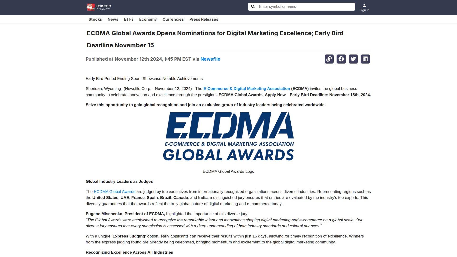 ECDMA Global Awards Opens Nominations for Digital Marketing Excellence; Early Bird Deadline November 15