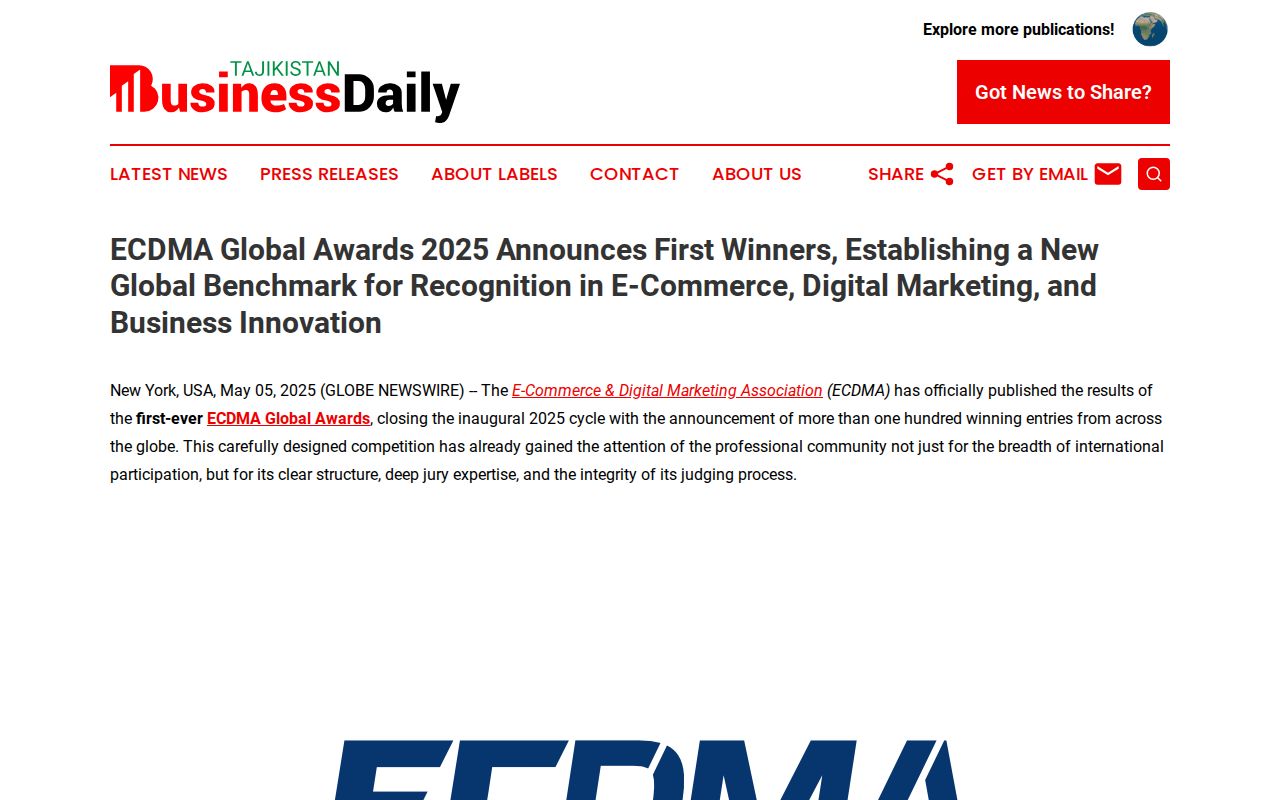 ECDMA Global Awards 2025 Announces First Winners, Establishing a New Global Benchmark for Recognition in E-Commerce, Digital Marketing, and Business Innovation | Tajikistan Business Daily