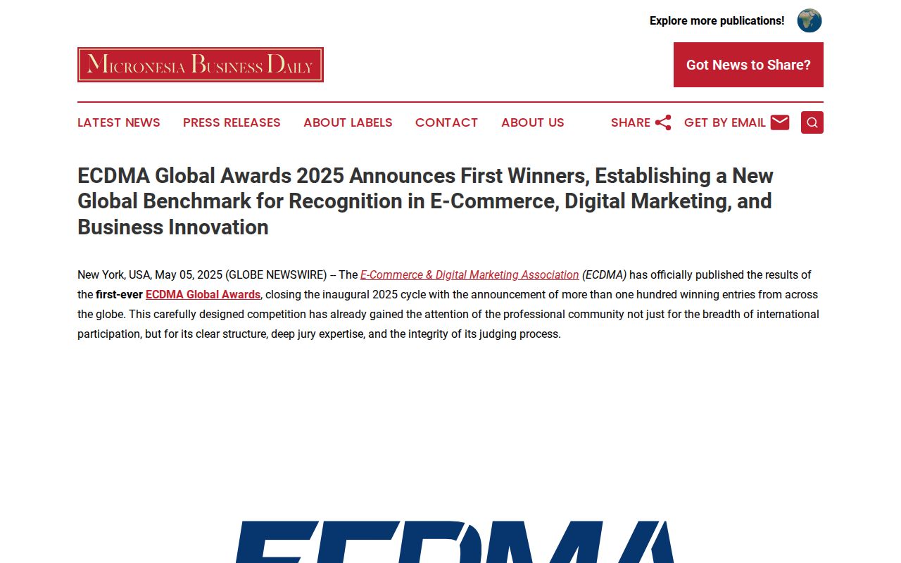 ECDMA Global Awards 2025 Announces First Winners, Establishing a New Global Benchmark for Recognition in E-Commerce, Digital Marketing, and Business Innovation | Micronesia Business Daily