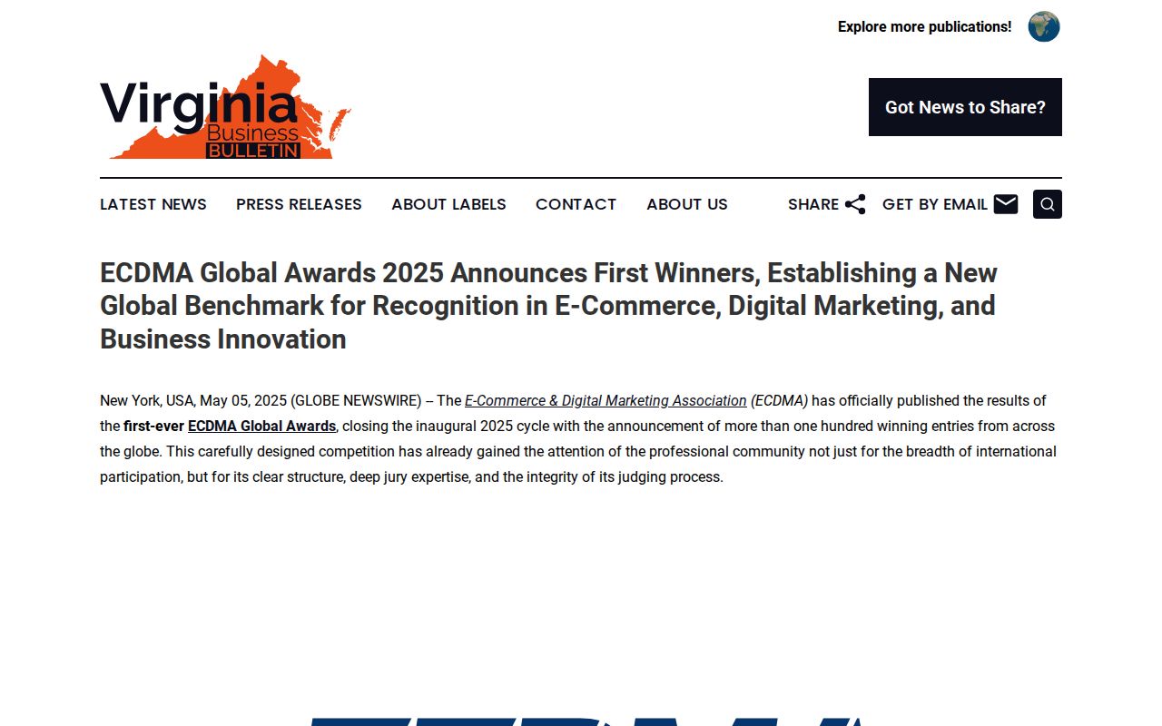 ECDMA Global Awards 2025 Announces First Winners, Establishing a New Global Benchmark for Recognition in E-Commerce, Digital Marketing, and Business Innovation | Virginia Business Bulletin