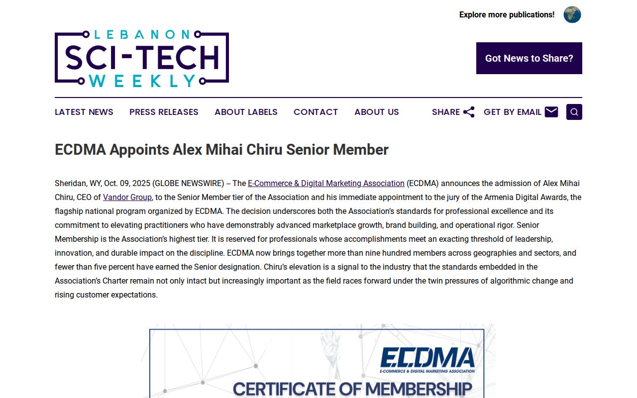 ECDMA Appoints Alex Mihai Chiru Senior Member | Lebanon Sci-Tech Weekly