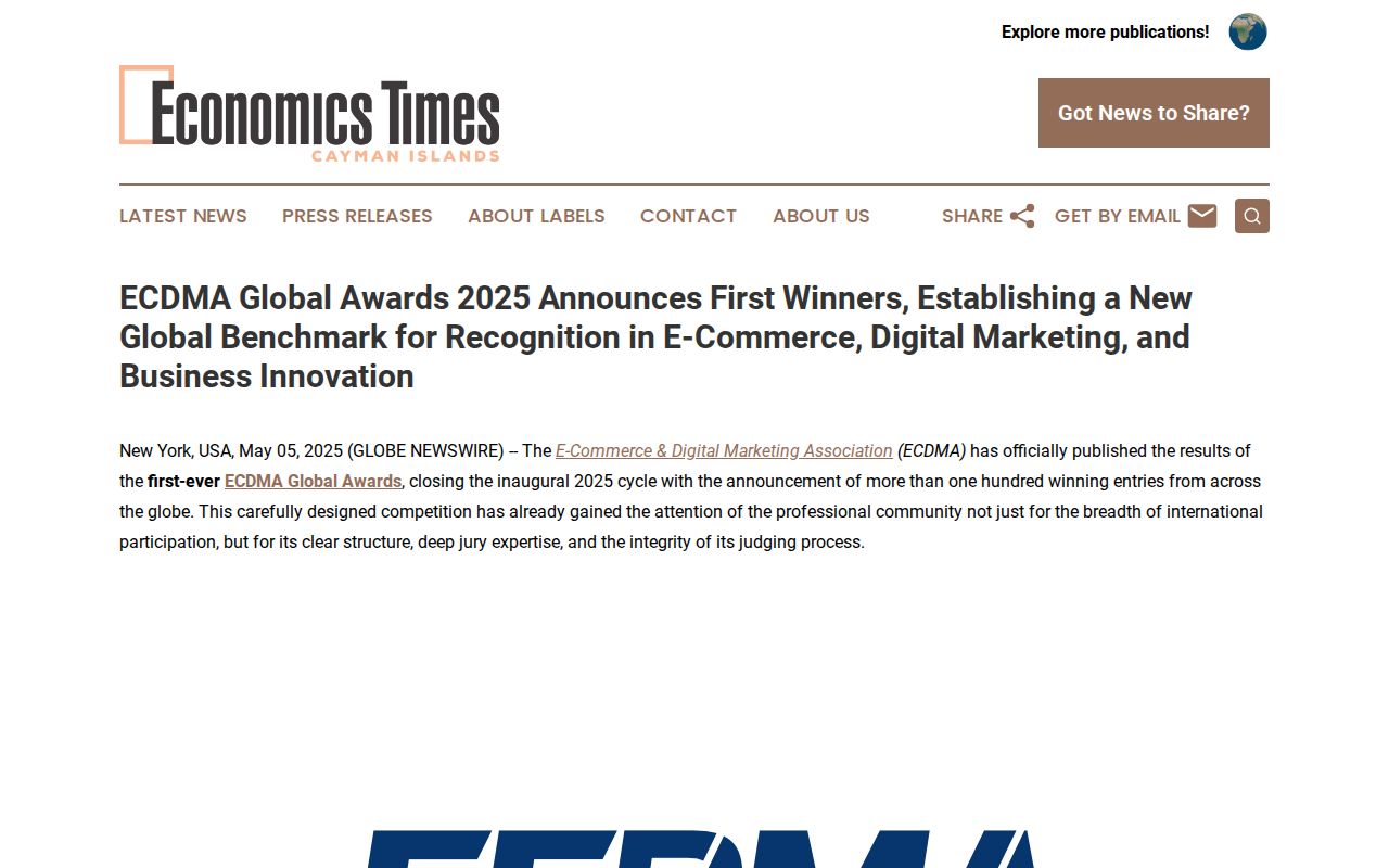 ECDMA Global Awards 2025 Announces First Winners, Establishing a New Global Benchmark for Recognition in E-Commerce, Digital Marketing, and Business Innovation | Economic Times Cayman Islands