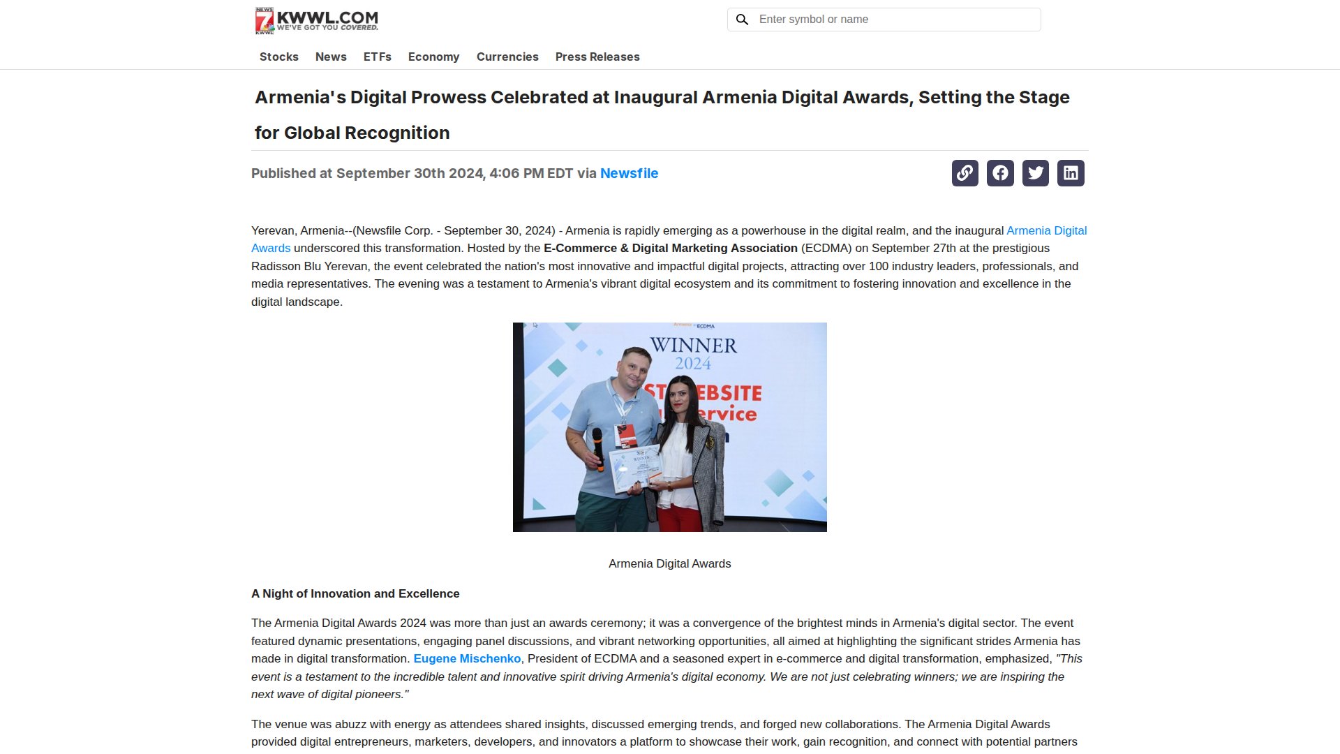 Armenia's Digital Prowess Celebrated at Inaugural Armenia Digital Awards, Setting the Stage for Global Recognition